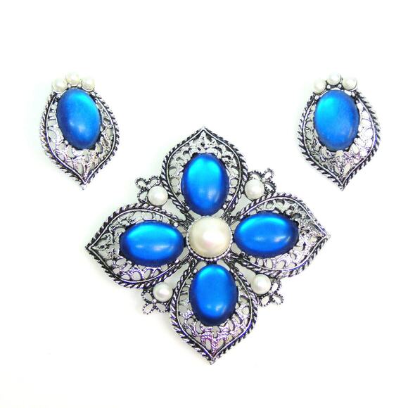 Emmons Signed Demi Parure BROOCH & EARRINGS Clip-On Set Faux Blue Opal & Pearls - Picture 5 of 5